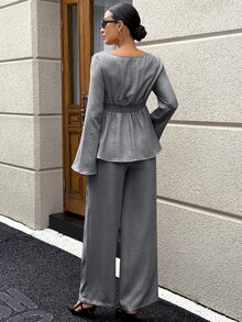 MaterniWear Maternity Square Neck Long Sleeve Shirt And Adjustable Waist Long Pants Casual 2 Pieces Set - Grey - View 6