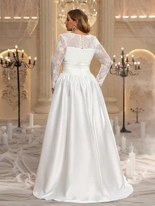 Aureia Plus Size Elegant Romantic V-Neck Lace Sheer Long Sleeve Pleated Fitted A-Line Wedding Dress Suitable For Evening Party Date Wedding Event - White - View 3