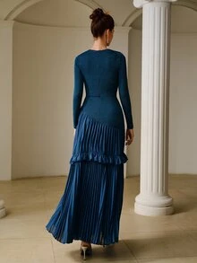 ZEYLAH Women's Solid Color Pleated Elegant Waist-Cinching Party Dress - Teal Blue - View 3