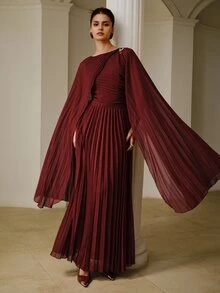 ZEYLAH Elegant Party Solid Color Pleated Cape Sleeve Dress - Burgundy - View 5