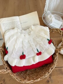 SHEIN Vintaside Kids 女童開學季秋冬紅色甜美毛衣，絲綢蕾絲下擺，優雅公主娃娃風，柔軟紗線，萬聖節、新年、聖誕節適用 - 彩色 - 查看 7