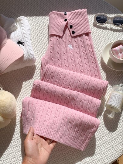Comfortcana Pantalones de punto bordados con diseño de botones en la cintura estilo ecuestre para mujer