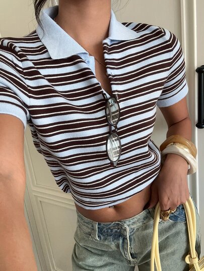 Siren Gaze Women's Striped Polo Shirt, Brown And Blue Short Sleeve Casual Knit Top