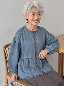 FRIFUL Jaket Denim Kasual Wanita Paruh Baya, Leher Bulat, Bahu Longgar, Lengan Panjang, Resleting Depan, Hem Berumbai, Musim Gugur - Biru - View 5