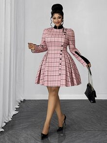 Maweii Plus Size Vintage Sweet Plaid Cinched Waist Button Pleated Dress Fall - Multicolor - View 6
