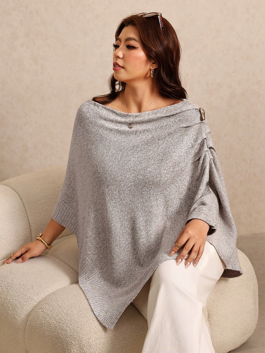 Elaquor Plus Size Women's Solid Color Cowl Neck Batwing Sleeve Loose Pullover Sweater - Khaki - View 1