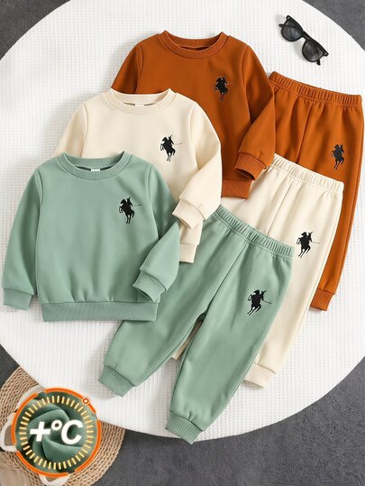 SHEIN Baby Boy Bottoms Boys Kids Casual Jogger Pants Elastic Waist Fall Winter Thick Velvet Cuffed Versatile Daily Mint Print Joggers Sweat Pants