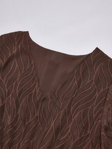 Medorina Women's Textured V-Neck Long Sleeve Elegant Dress - Brown - View 5