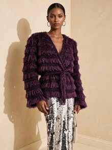 Vesra Shiny Faux Fur Cross Collar Belted Wrap Party Elegant Women's Regular Coat - Red Violet - View 1