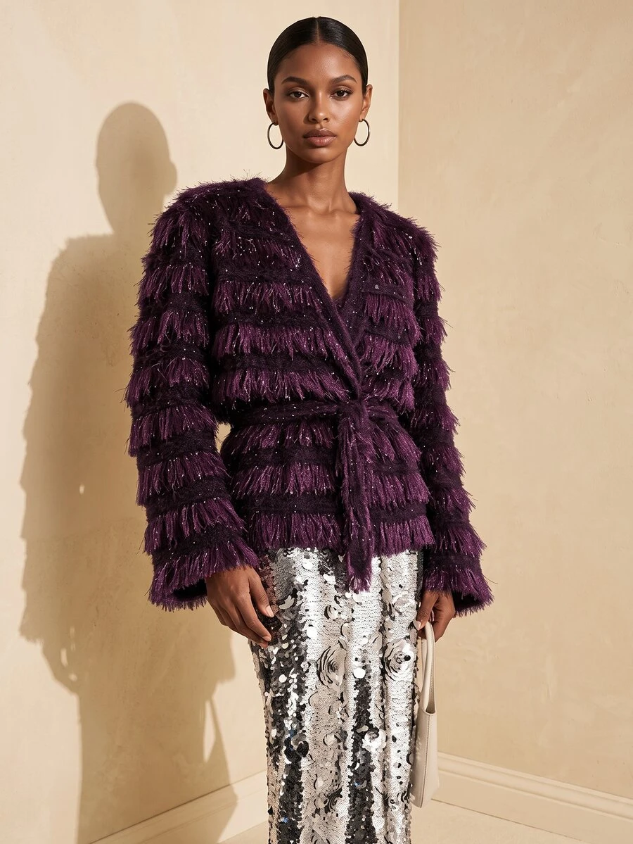 Vesra Shiny Faux Fur Cross Collar Belted Wrap Party Elegant Women's Regular Coat - Red Violet - View 1