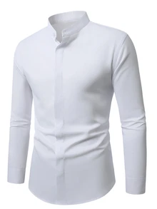 Manfinity Bizformal 休閒商務男士立領紋理斜紋白色長袖襯衫 - 白色 - 查看 7