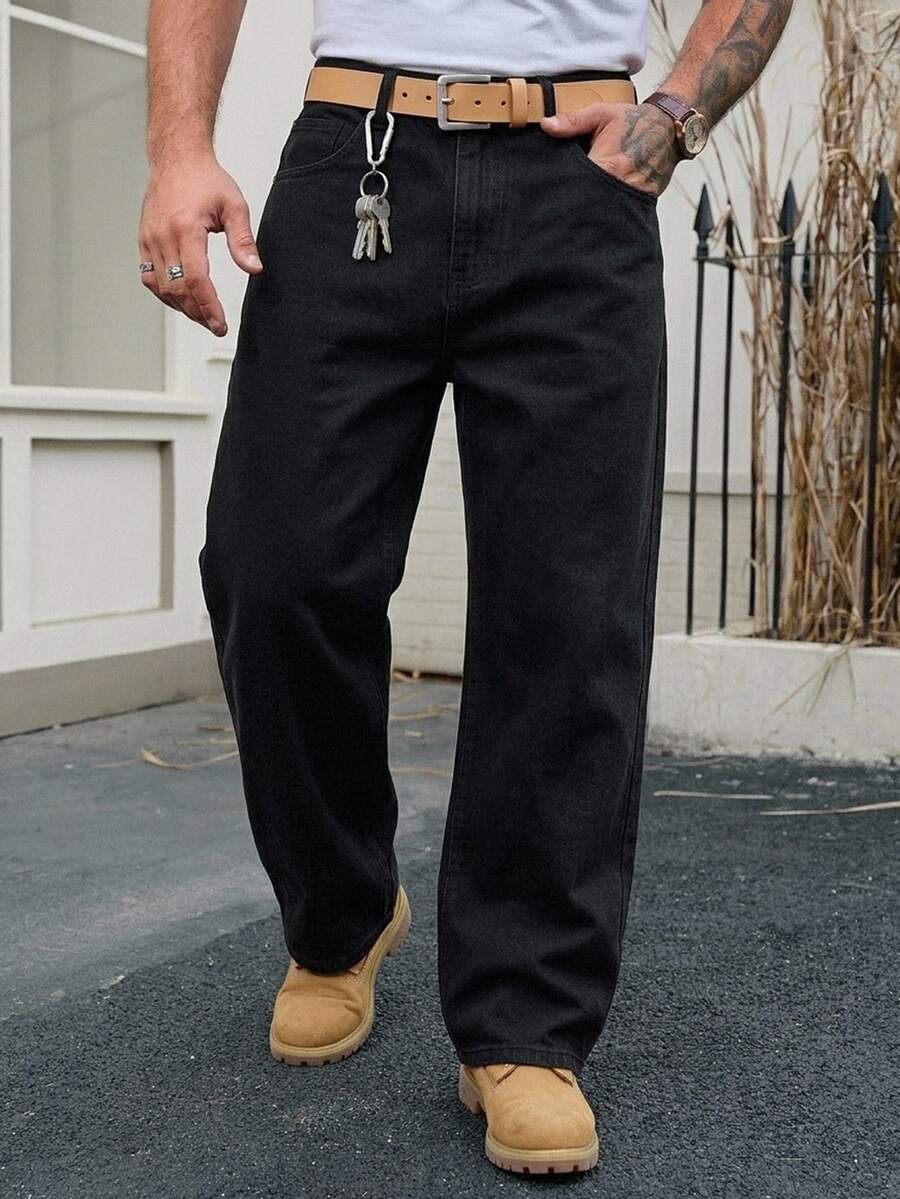 DAZY Men's Long Straight Leg Black Jeans, Spring/Autumn - Black - View 1