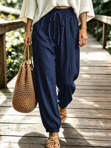 Breezaya Women's Casual Solid Color Waist Tie Cuffed Lantern Pants - Navy Blue - View 3