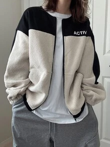 FRIFUL Women's Casual Streetwear Colorblock Patchwork Jacket, Autumn/Winter Everyday Travel Beige Everyday Going Out - Black - View 2