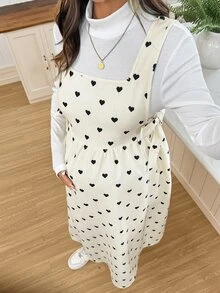 SHEIN Maternity Solid Color Turtleneck Long Sleeve T-Shirt And Heart Pattern Suspender Dress 2pcs Set Winter Outfit For Women Burgundy Dress - Brown - View 4