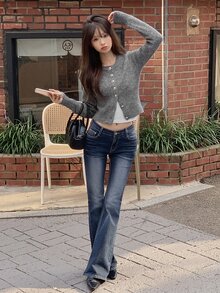 DAZY Women's Fitted Short Knit Cardigan With Long Sleeves, Round Neck, Casual Sexy Vacation Style, Spring/Autumn - Grey - View 7