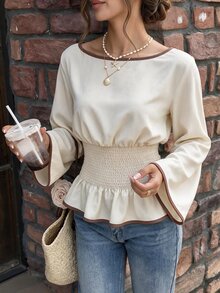 Flora Isola Flora Isola Casual Vacation Shirred Waist Flare Sleeve Apricot Women's Blouse - Apricot - View 6