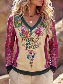 Balvessa Allover Floral Printed Contrast V-Neck Top, Retro Spliced Loose Casual Pullover Sweatshirt - Multicolor - View 5