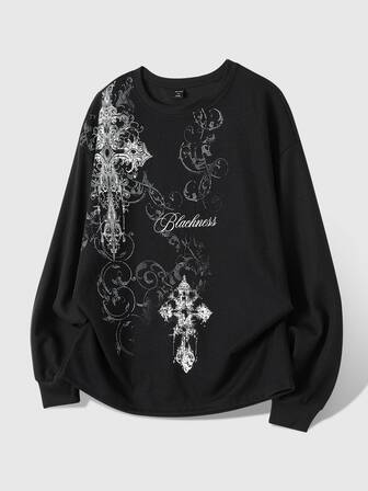 Street Life Teen Boy Waffle Fabric T-Shirt With Gothic Cross Print, Suitable For Daily Wear, Also Wearable In Autumn And Winter