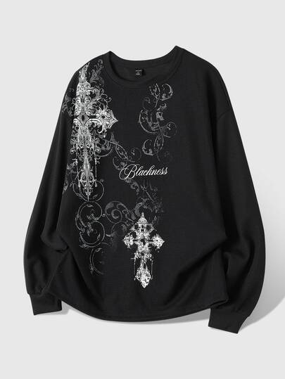 Street Life Teen Boy Waffle Fabric T-Shirt With Gothic Cross Print, Suitable For Daily Wear, Also Wearable In Autumn And Winter