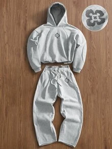 TOKVUE Men's Embroidered Design Long Sleeve Hoodie And Drawstring Waist Sweatpants Set - Grey - View 3