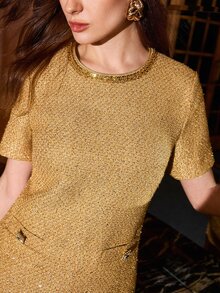 MOTF PREMIUM ELEGANT EXQUISITE TWEED PATCHWORK SEQUIN TRIM DRESS - Champagne - View 2