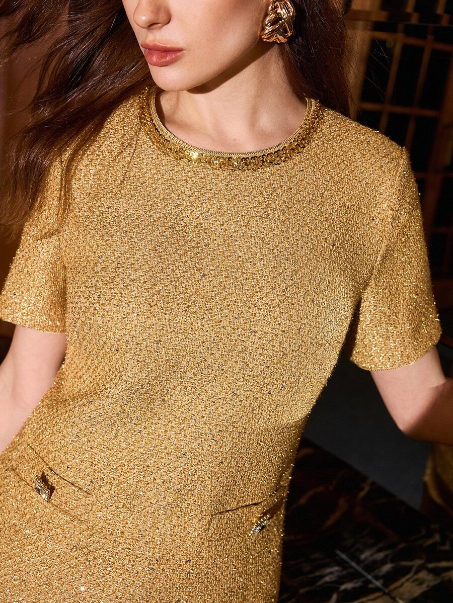 MOTF PREMIUM ELEGANT EXQUISITE TWEED PATCHWORK SEQUIN TRIM DRESS - Champagne - View 2