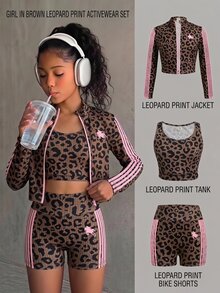 SHEIN Tween Girl Tween Girl Black White Polka Dots Print Mock Neck Zip-Up Jacket Camisole & Bike Shorts 3Pcs Set - Brown - View 1