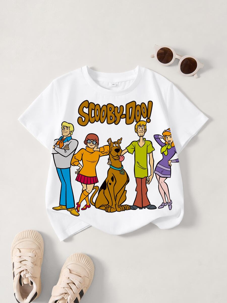 SCOOBY-DOO X SHEIN 小男孩字母卡通印花圓領短袖休閒T恤 - 白色 - 查看 1
