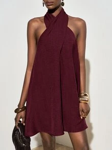 Zivah Women's Solid Color Criss-Cross Halter Neck Casual Mini Dress - Burgundy - View 9