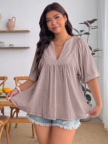 Enliva Plus Size Women's Casual Solid Color Top, Loose Crop Top, Suitable For Vacation, Afternoon Tea, Beach Cruise Vacation, City Road Trip Vacation, Bohemian Style Vacation, Music Festival, Beachwear, Easter, Beachwear, Elegant Women's Clothing, Vacation Wear, Concert Outfit, Tropical Vacation Women's Clothing, Vacation Wear, Bohemian Style Clothing - Mauve Purple - View 3