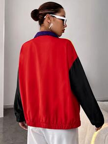 SHEIN EZwear 女款秋冬拼接立領落肩輕便夾克，黑色、紅色、黃色、深紫色 - 紅色 - 查看 2