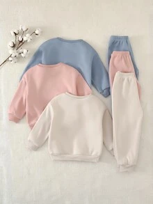 Cozy Pixies 女童 Young Girl 圖案軟綿圓領長袖套頭運動衫＋鬆緊腰長褲 6件套，百搭舒適，適合秋冬 - 霧霾藍 - 查看 2