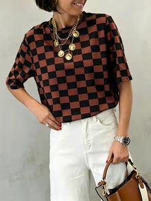 Maweii Plus Size Summer Casual Checkered Print T-Shirt - Multicolor - View 5