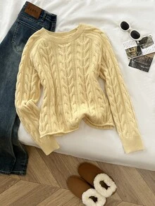 Elamini Women's Yellow Loose Casual Versatile Textured Cable Knit Pullover Sweater For Daily Commute, Autumn/Winter - Yellow - View 1