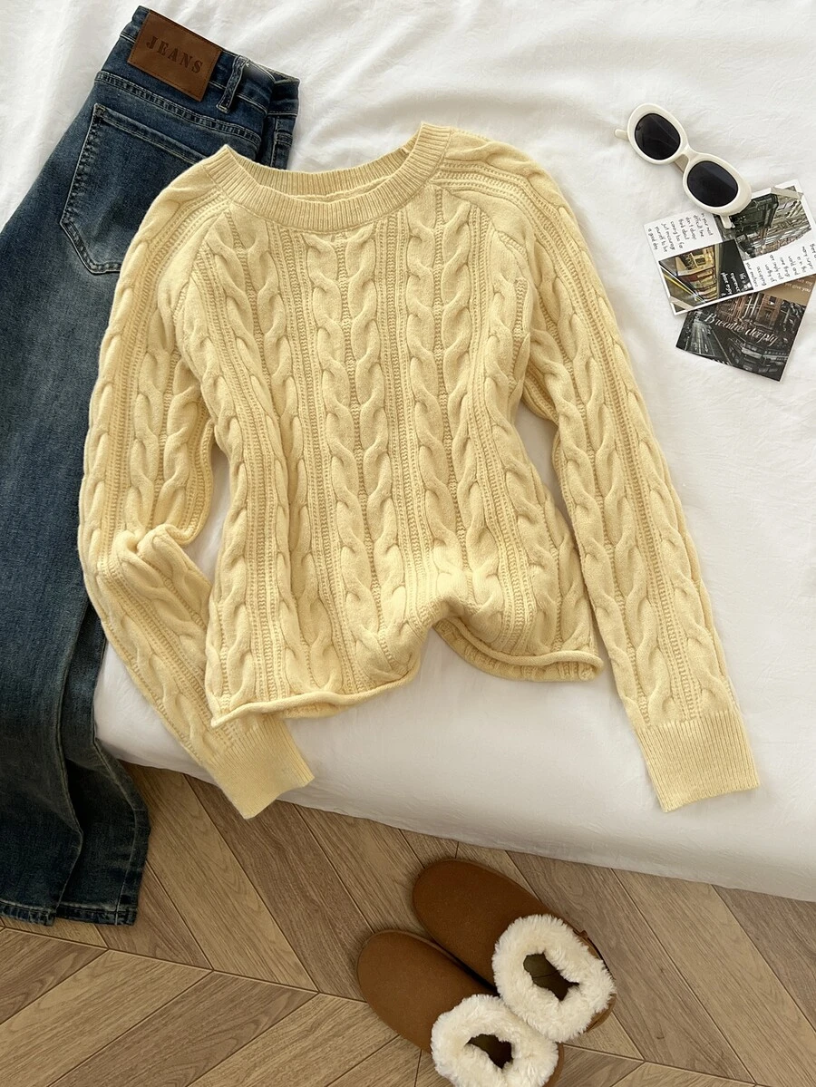 Elamini Women's Yellow Loose Casual Versatile Textured Cable Knit Pullover Sweater For Daily Commute, Autumn/Winter - Yellow - View 1
