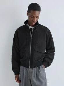 Merionis Men's Solid Color Utility Pocket Long Sleeve Zip-Up Casual Jacket - Black - View 4