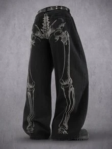 Manfinity Denimwave 男士骷髏印花寬鬆牛仔褲哥德街頭風寬腿牛仔長褲深色水洗嘻哈Y2K長褲 - 黑色 - 查看 2
