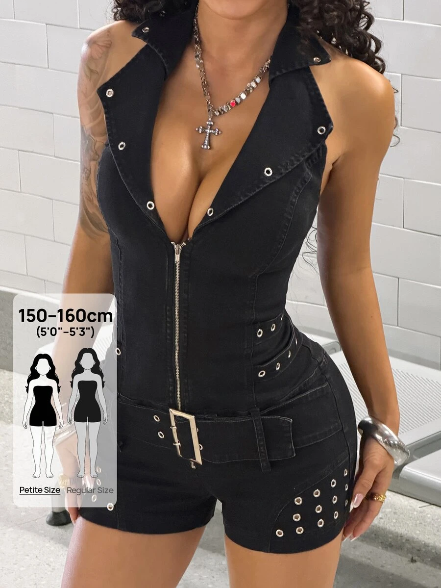 SHEIN PETITE Women's Eyelet Design Zipper Front Fashion Halter Neck Denim Romper - Black - View 1