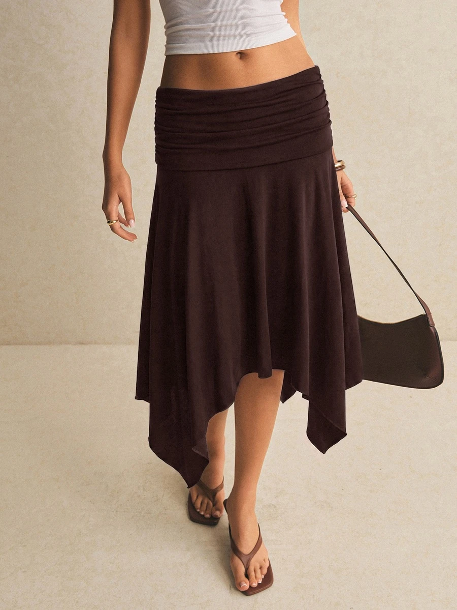Poéselle Women's Elegant Solid Color Asymmetric Hem Skirt - Coffee Brown - View 1