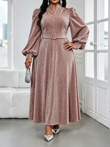 SHEIN Lady 大尺碼女款缺口V領燈籠袖鈕扣設計優雅洋裝 - 棕色 - 查看 1
