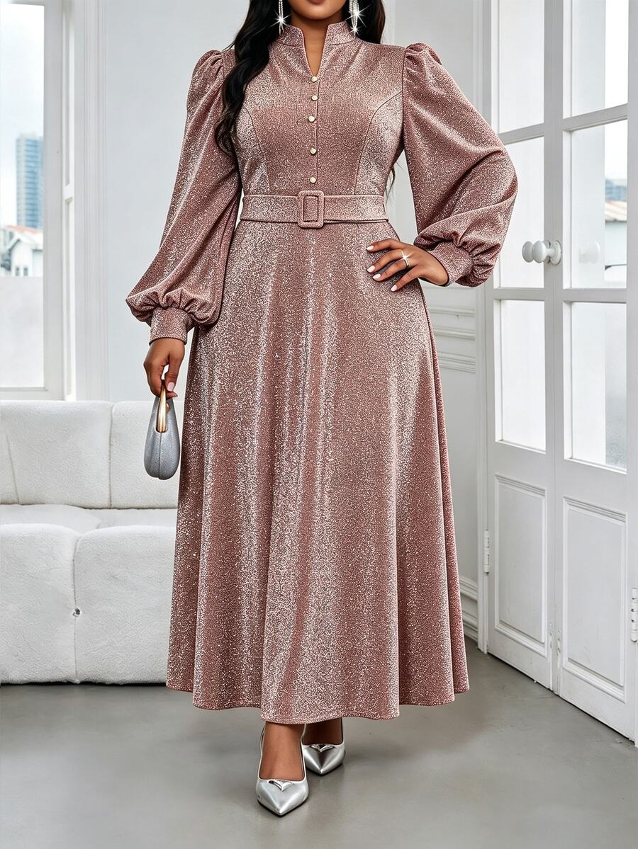 SHEIN Lady 大尺碼女款缺口V領燈籠袖鈕扣設計優雅洋裝 - 棕色 - 查看 1