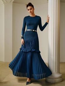 ZEYLAH Women's Solid Color Pleated Elegant Waist-Cinching Party Dress - Teal Blue - View 6