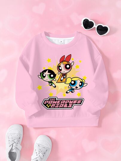 THE POWERPUFF GIRLS X SHEIN Sudadera de cuello redondo con estampado de dibujos animados para niña