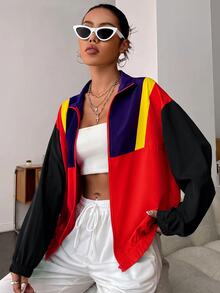 SHEIN EZwear 女款秋冬拼接立領落肩輕便夾克，黑色、紅色、黃色、深紫色 - 紅色 - 查看 4