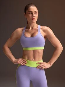 Powerista Women's All Seasons High Support Sports Bra Purple And Green Color Clash With Crisscross Back Straps And Two Tone Design For Active Workouts - Purple - View 2