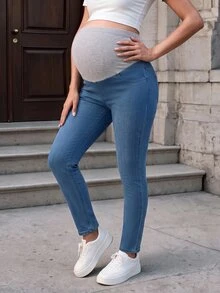 SHEIN Maternity Bow Embroidery High Elasticity Minimalist Denim Skinny Jeans - Light Wash - View 8