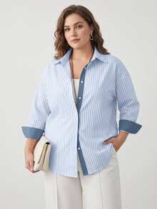 EMERY ROSE Áo sơ mi kẻ sọc thường ngày size lớn cho mùa thu - Màu xanh lam - Xem 1