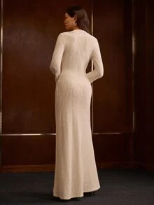 MOTF PREMIUM GAUN PANJANG WANITA MUSIM GUGUR/DINGIN, LEHER V, HIASAN RENDA, LENGAN LONCENG, DAN HEM MODEL PUTRI DUYUNG - Aprikot - View 7