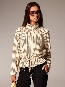 Athîral Women's Autumn Casual Striped Drawstring Waist Jacket - Apricot - View 3